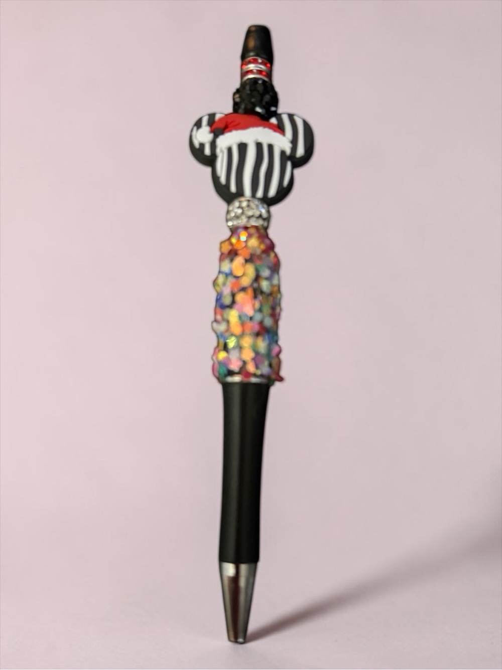 Black Christmas Mickey Ear Pen with Multicolor Sequin Grip
